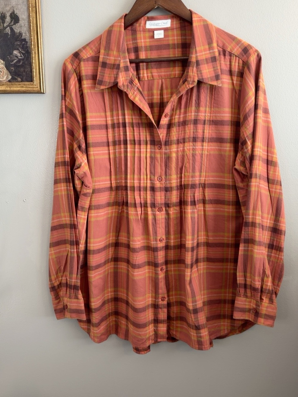 Coldwater Creek Plaid Pintuck Button Down Blouse Large 100% Cotton Fall Boho - Picture 3 of 8